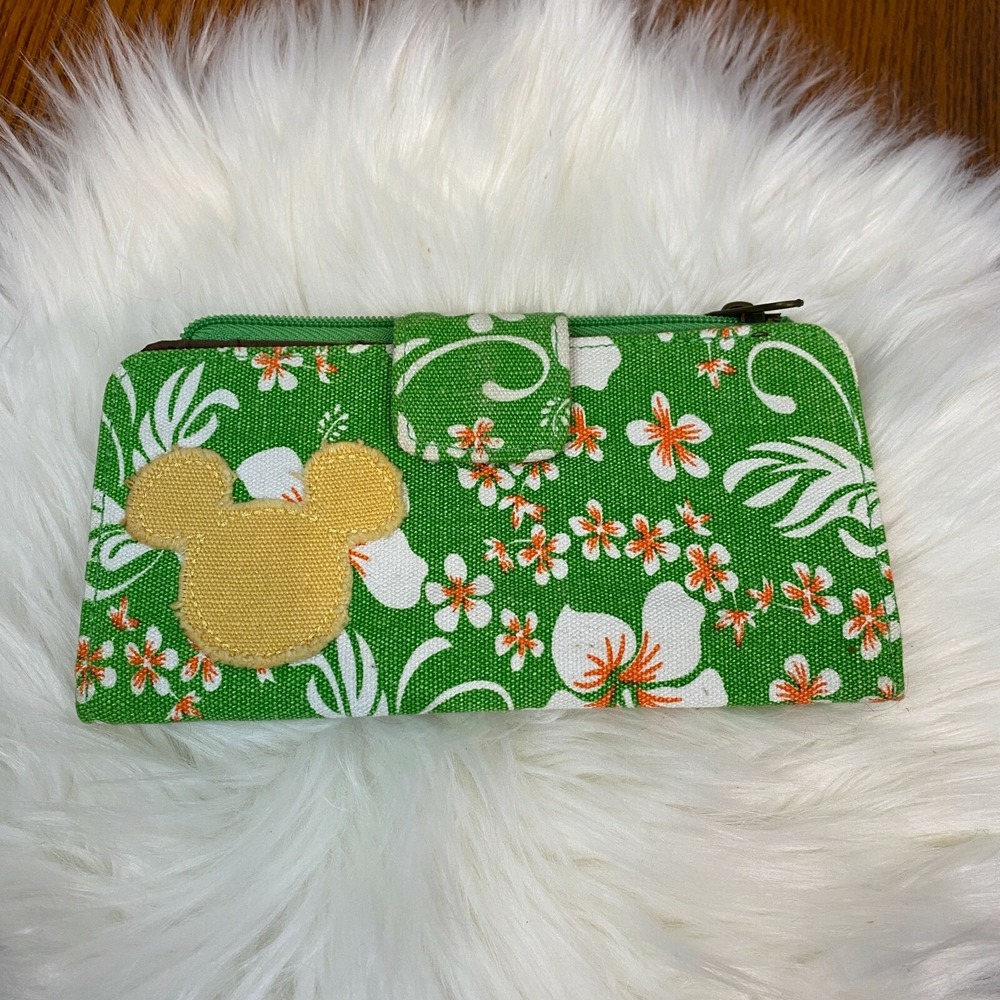 Mickey Mouse Green Floral Wallet Cloth Fabric Lightweight Hawaiian Cottagecore